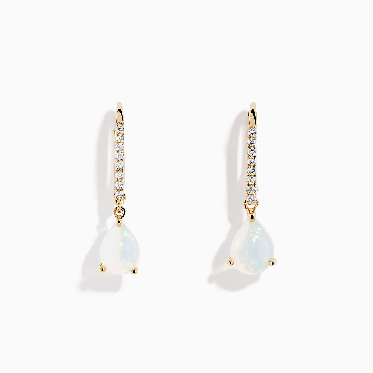 Aurora 14K Yellow Gold Opal and Diamond Dangle Earrings feature teardrop opals hanging from curved hooks with round diamonds, shown on a white background.