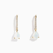 Aurora 14K Yellow Gold Opal and Diamond Dangle Earrings feature teardrop opals hanging from curved hooks with round diamonds, shown on a white background.
