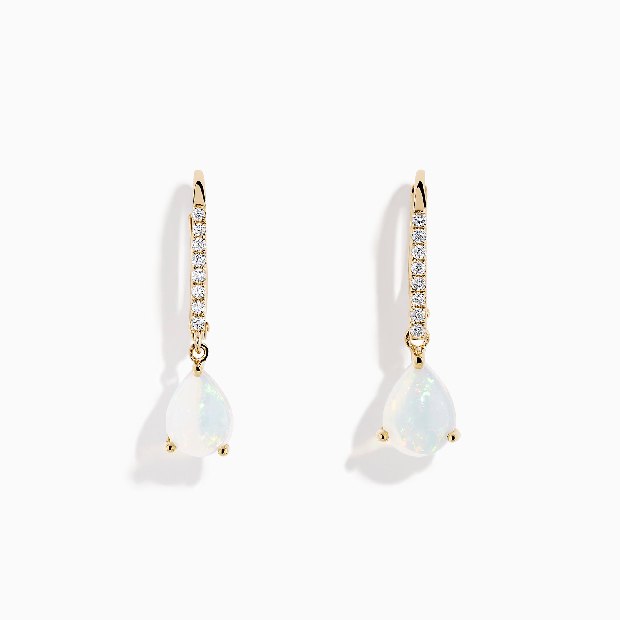 Aurora 14K Yellow Gold Opal and Diamond Dangle Earrings feature teardrop opals hanging from curved hooks with round diamonds, shown on a white background.