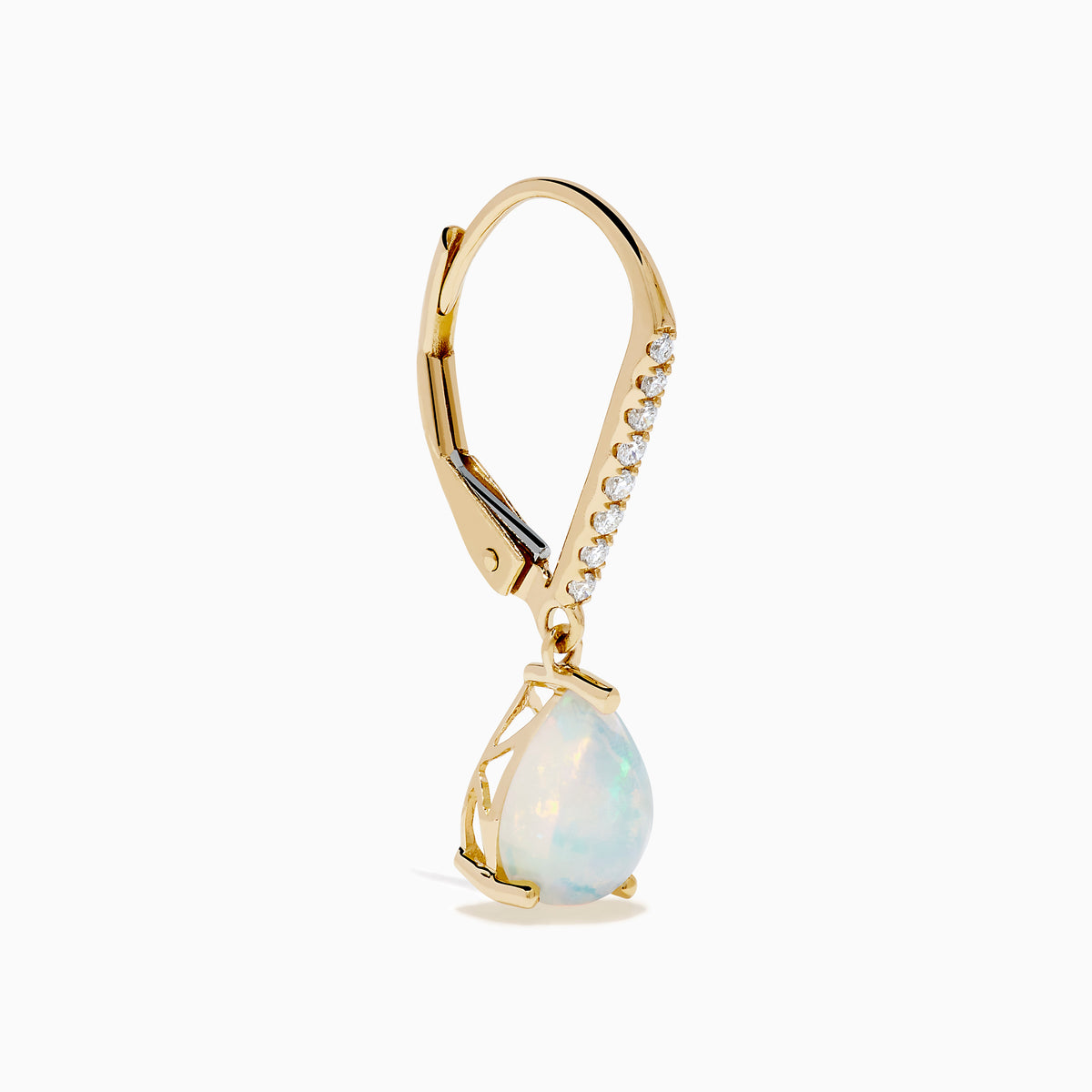 Aurora 14K Yellow Gold Opal and Diamond Dangle Earrings feature teardrop opals hanging from curved hooks with round diamonds, shown on a white background.