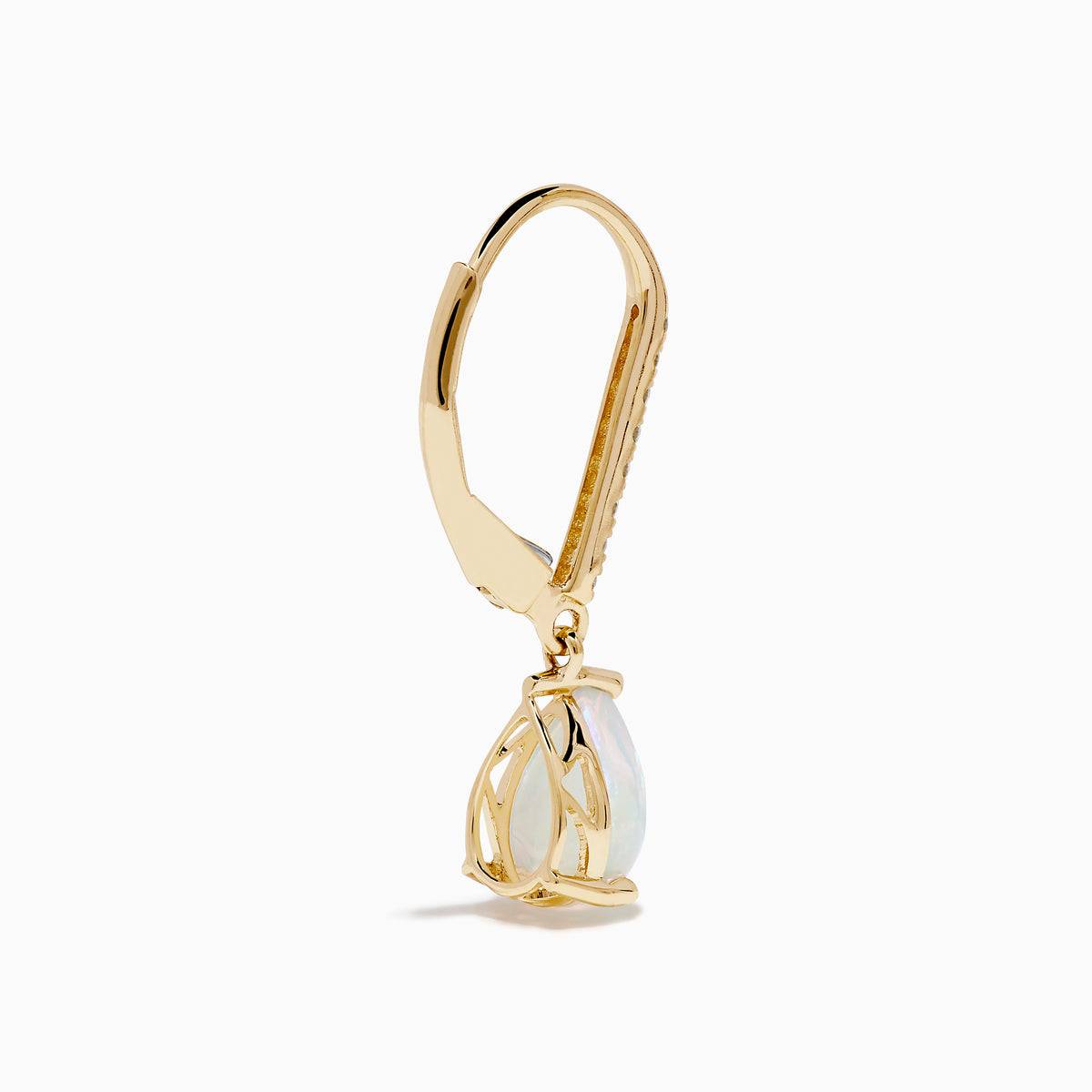 Aurora 14K Yellow Gold Opal and Diamond Dangle Earrings feature teardrop opals hanging from curved hooks with round diamonds, shown on a white background.