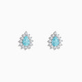 18K White Gold GIA Certified Paraiba Tourmaline and Diamond Halo Earrings featuring teardrop-shaped blue gemstones encircled by sparkling diamonds, shown on a white background.
