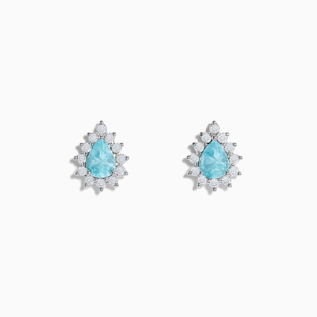 18K White Gold GIA Certified Paraiba Tourmaline and Diamond Halo Earrings featuring teardrop-shaped blue gemstones encircled by sparkling diamonds, shown on a white background.