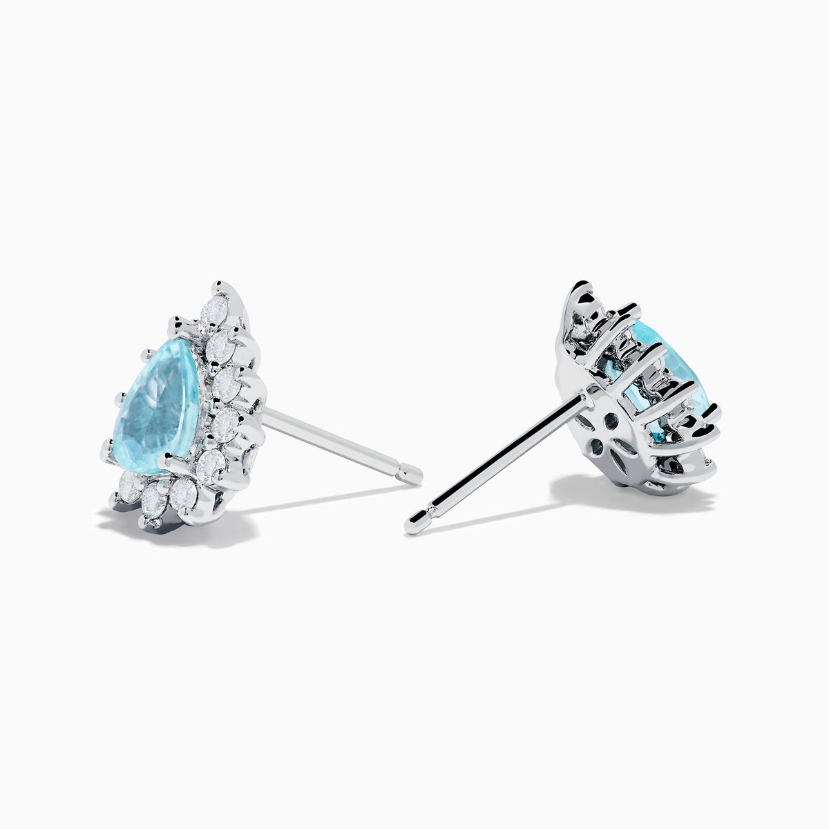 18K White Gold GIA Certified Paraiba Tourmaline and Diamond Halo Earrings featuring teardrop-shaped blue gemstones encircled by sparkling diamonds, shown on a white background.