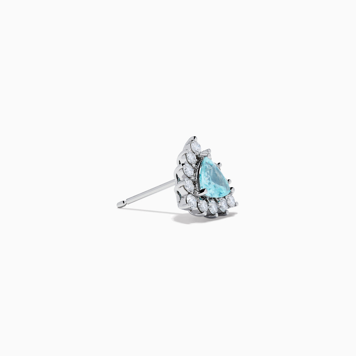 A pair of 18K white gold GIA certified Paraiba and diamond stud earrings with triangular blue gems surrounded by a halo of small diamonds, set in silver, displayed on a white background.