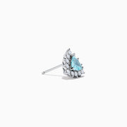 A pair of 18K white gold GIA certified Paraiba and diamond stud earrings with triangular blue gems surrounded by a halo of small diamonds, set in silver, displayed on a white background.