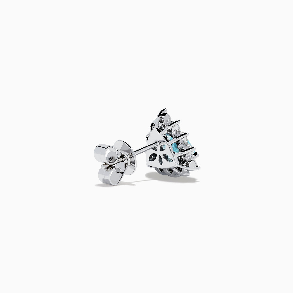 A pair of 18K white gold GIA certified Paraiba and diamond stud earrings with triangular blue gems surrounded by a halo of small diamonds, set in silver, displayed on a white background.