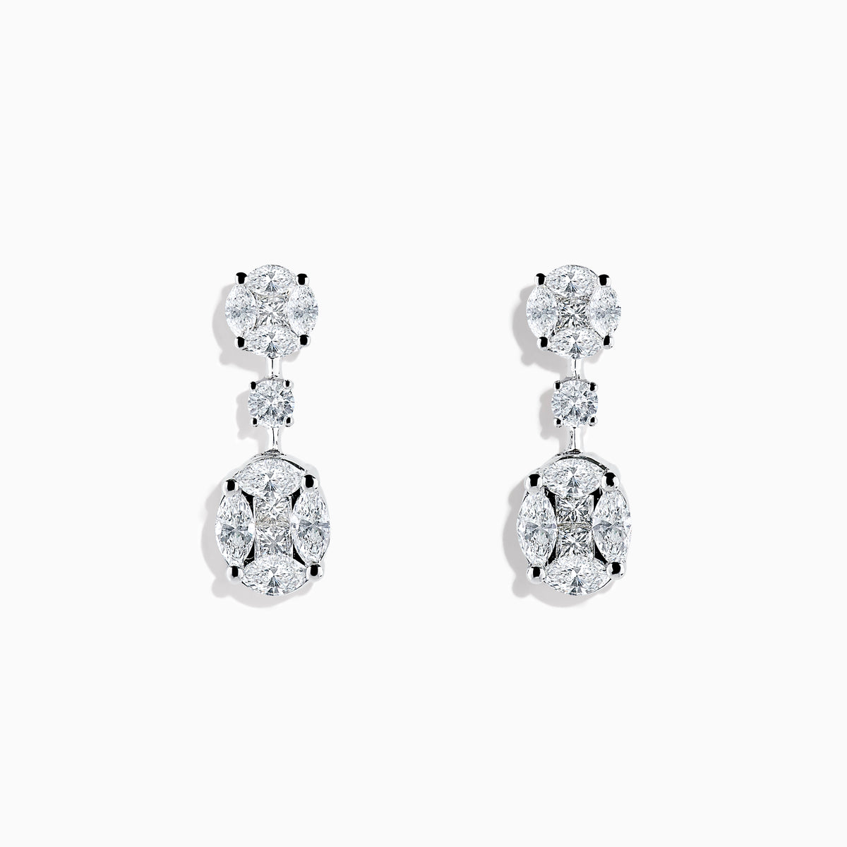The Pave Classica 18K White Gold Diamond Drop Earrings feature clusters of sparkling white gemstones in a floral-inspired three-section design for an elegant look.