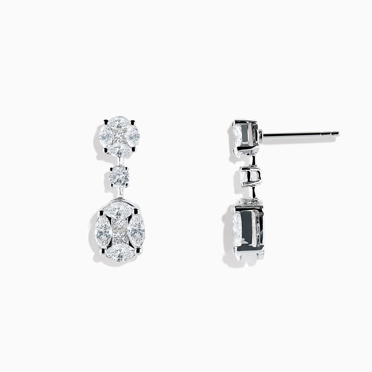The Pave Classica 18K White Gold Diamond Drop Earrings feature clusters of sparkling white gemstones in a floral-inspired three-section design for an elegant look.
