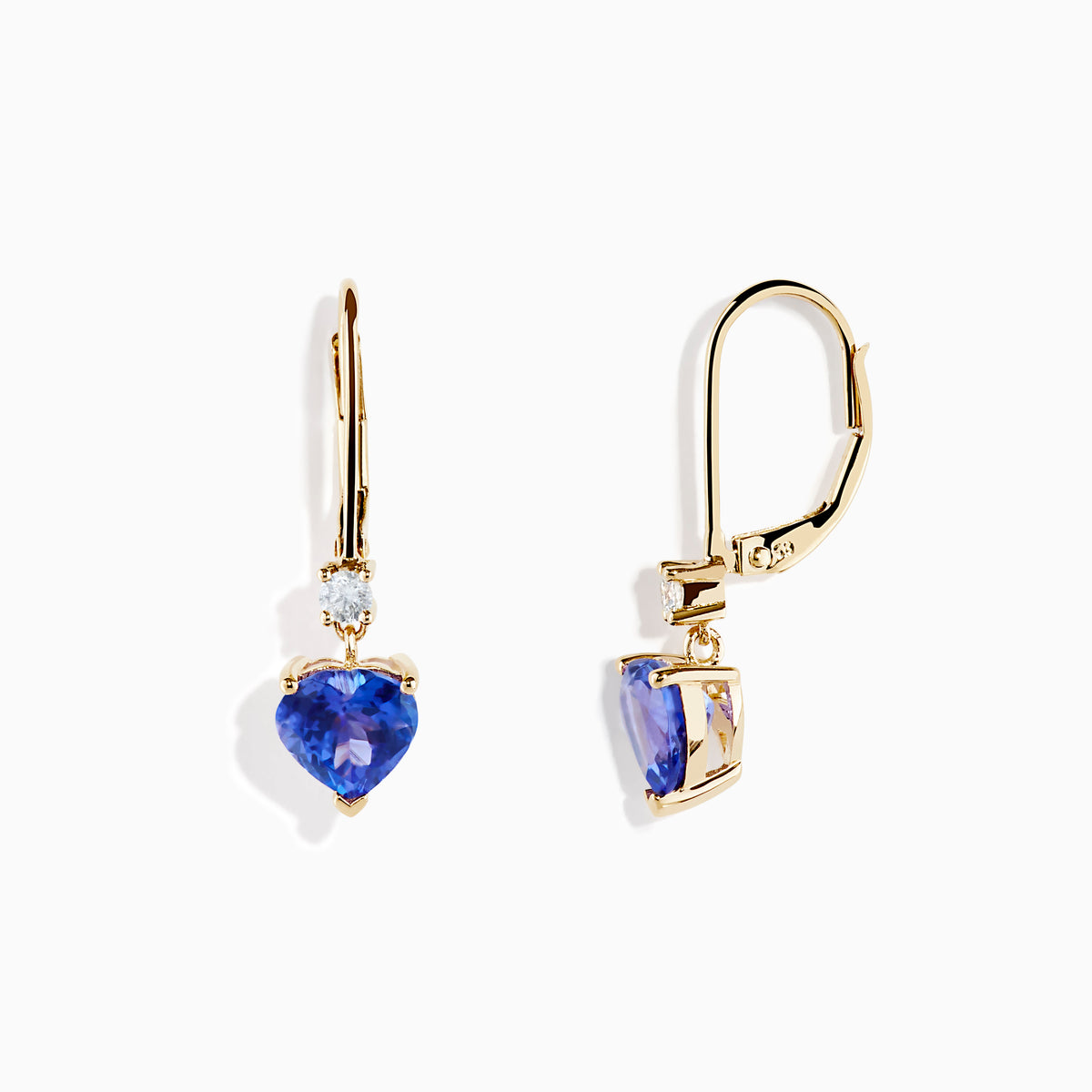 The Nahla Siri 14K Yellow Gold Tanzanite and Diamond Leverback Earrings feature heart-shaped tanzanite gems with a small diamond above each, shown against a white background.