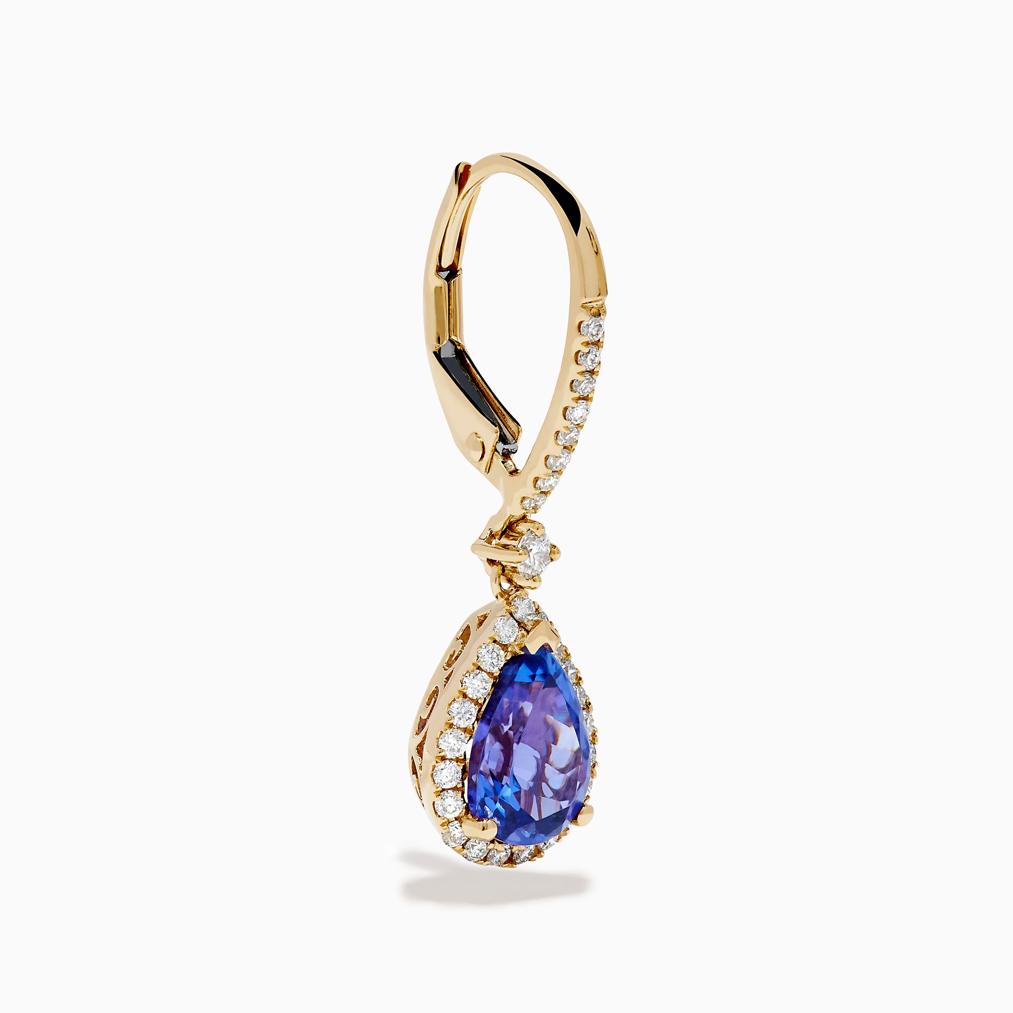 The Nahla 14K Yellow Gold Tanzanite and Diamond Dangle Halo Earrings showcase teardrop tanzanites encircled by diamonds, with extra diamonds on the hooks, all set against a white background.