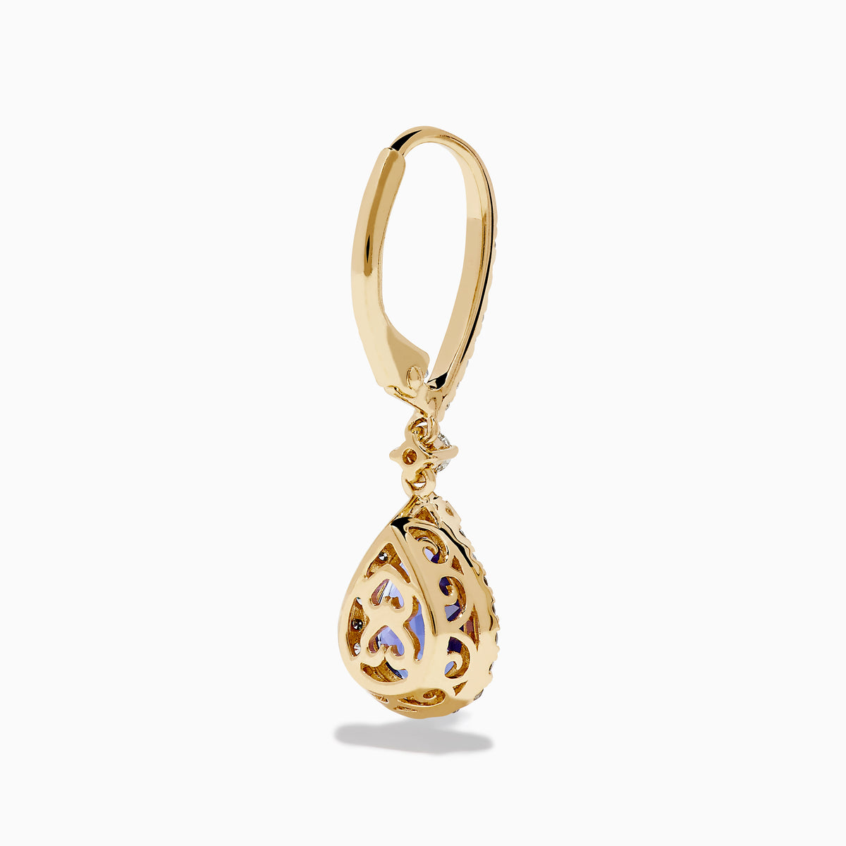 The Nahla 14K Yellow Gold Tanzanite and Diamond Dangle Halo Earrings showcase teardrop tanzanites encircled by diamonds, with extra diamonds on the hooks, all set against a white background.