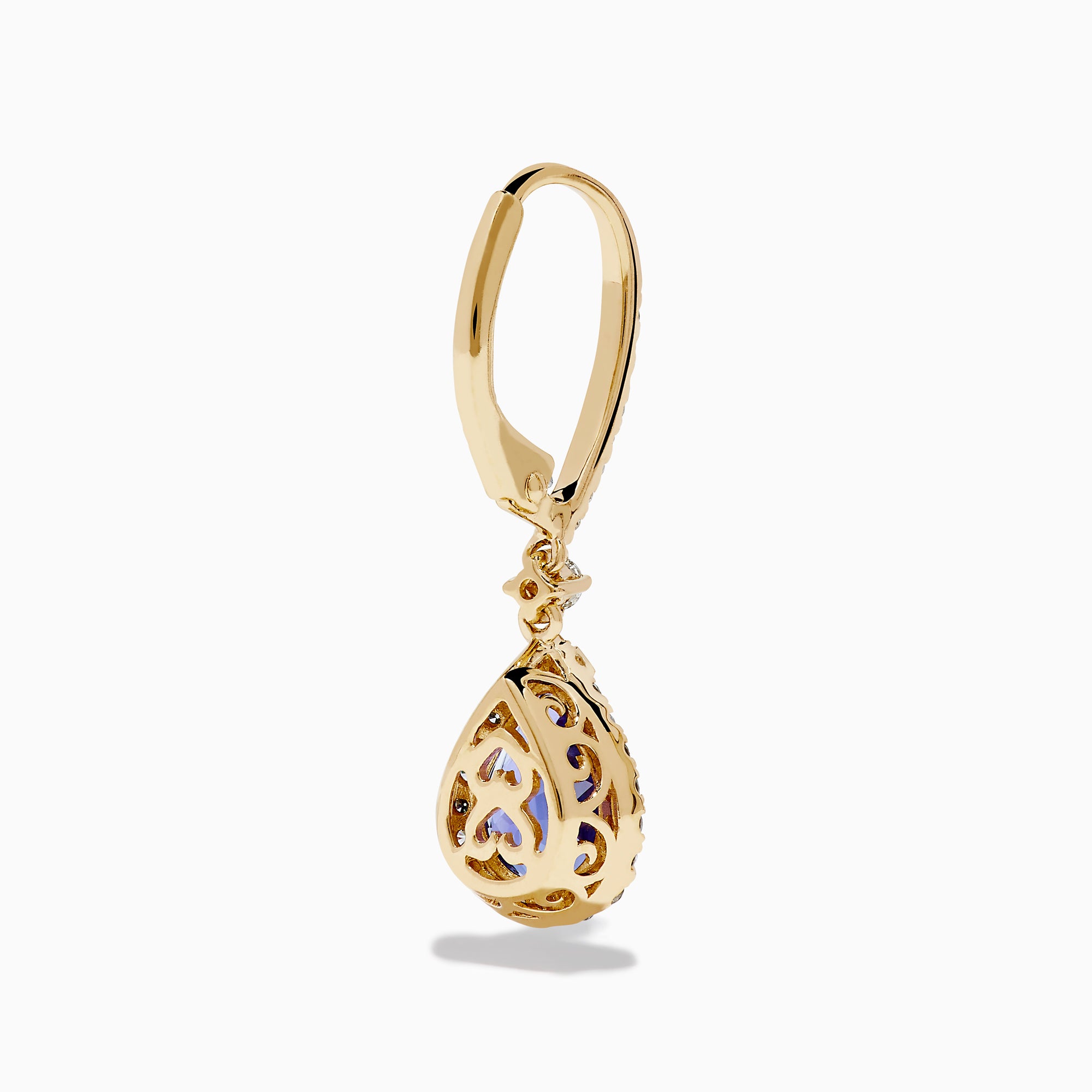 The Nahla 14K Yellow Gold Tanzanite and Diamond Dangle Halo Earrings showcase teardrop tanzanites encircled by diamonds, with extra diamonds on the hooks, all set against a white background.