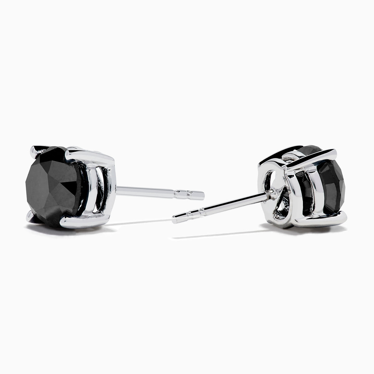 A pair of 14K white gold black diamond 4.00ct solitaire stud earrings with four-prong settings, shown against a plain white background.