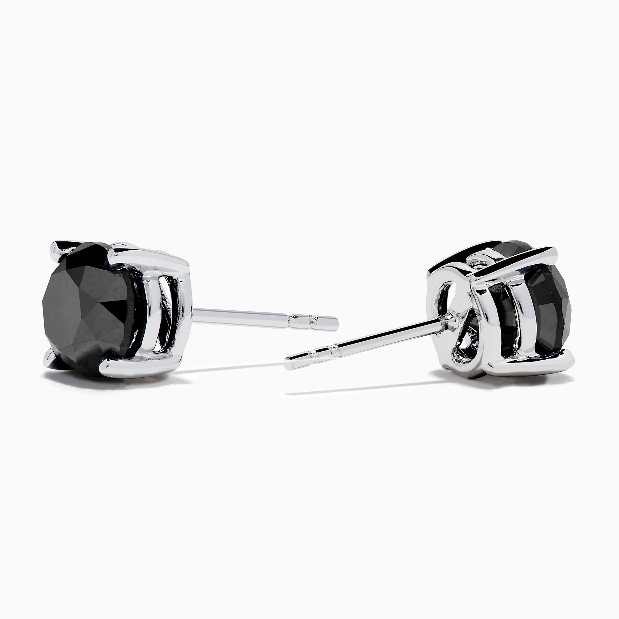 A pair of 14K white gold black diamond 4.00ct solitaire stud earrings with four-prong settings, shown against a plain white background.