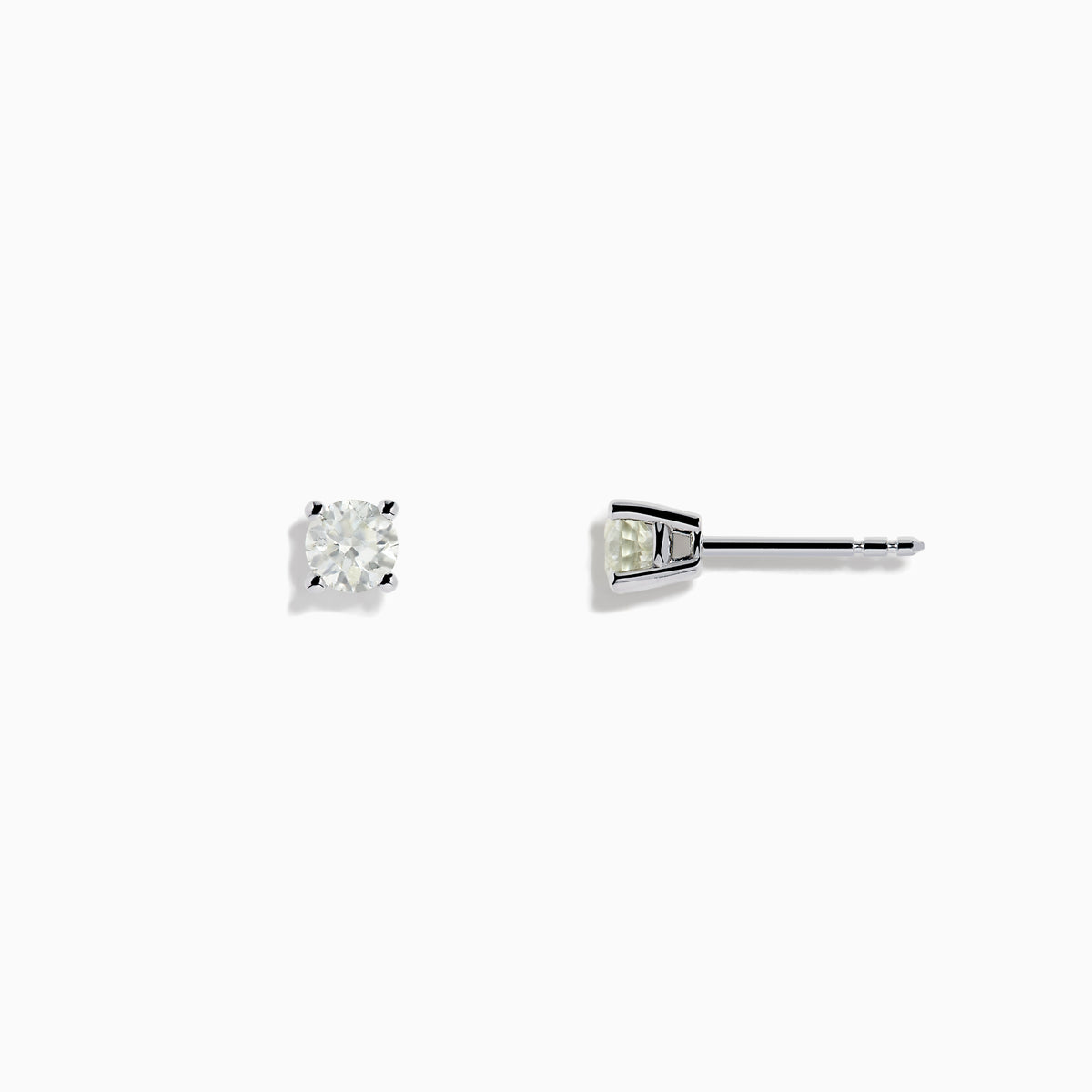 A pair of 14 Karat white gold stud earrings featuring 0.63TCW round diamonds is displayed on a simple white background, highlighting their timeless elegance.