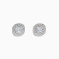 The 18K White Gold Diamond Double Halo Cushion Stud Earrings feature cushion-cut diamonds surrounded by double halos of smaller diamonds, set in 18K white gold and displayed on a white background.
