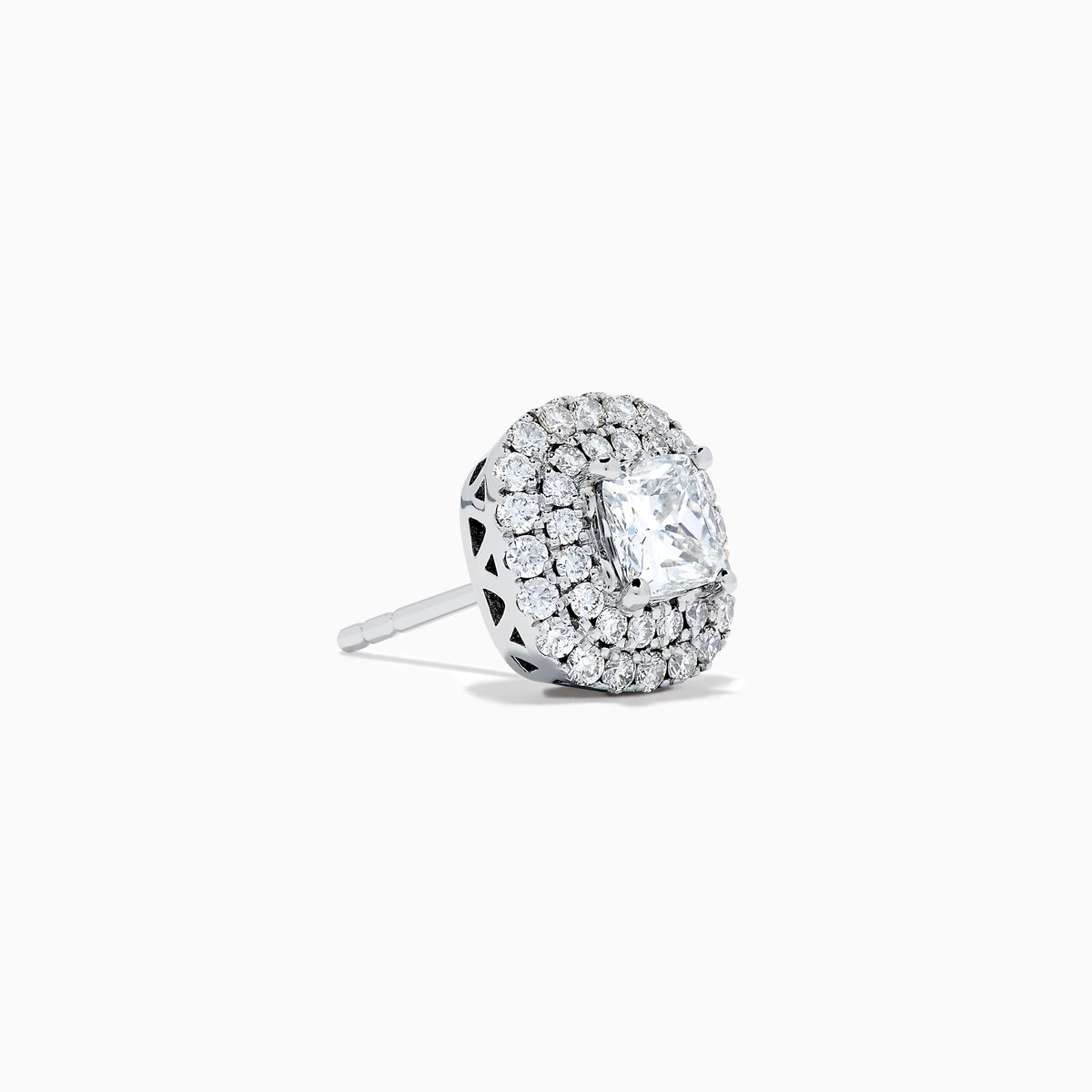 The 18K White Gold Diamond Double Halo Cushion Stud Earrings feature cushion-cut diamonds surrounded by double halos of smaller diamonds, set in 18K white gold and displayed on a white background.