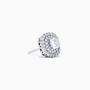 The 18K White Gold Diamond Double Halo Cushion Stud Earrings feature cushion-cut diamonds surrounded by double halos of smaller diamonds, set in 18K white gold and displayed on a white background.