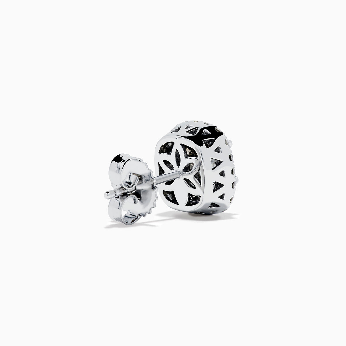 The 18K White Gold Diamond Double Halo Cushion Stud Earrings feature cushion-cut diamonds surrounded by double halos of smaller diamonds, set in 18K white gold and displayed on a white background.