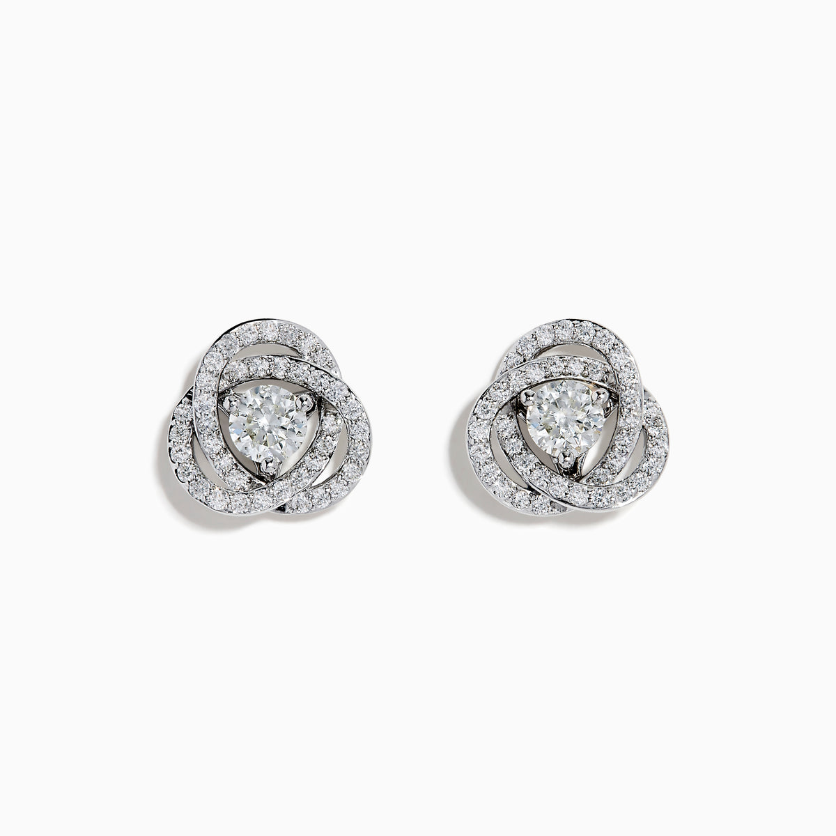 The 18K White Gold Diamond Love Knot Stud Earrings feature interlocking loops with sparkling diamonds and a central pear-shaped diamond, all set in elegant white gold against a plain white background.