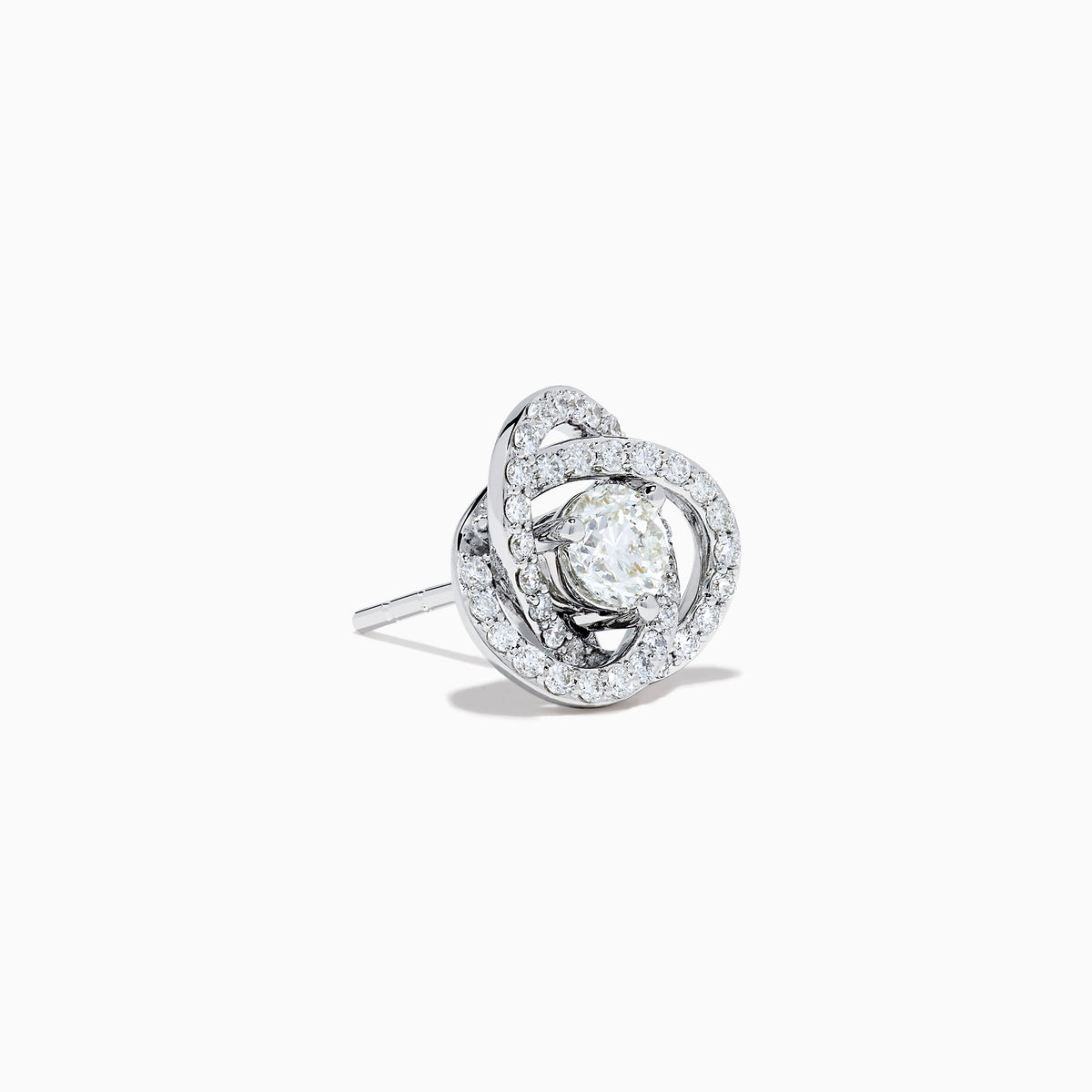 The 18K White Gold Diamond Love Knot Stud Earrings feature interlocking loops with sparkling diamonds and a central pear-shaped diamond, all set in elegant white gold against a plain white background.