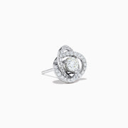 The 18K White Gold Diamond Love Knot Stud Earrings feature interlocking loops with sparkling diamonds and a central pear-shaped diamond, all set in elegant white gold against a plain white background.