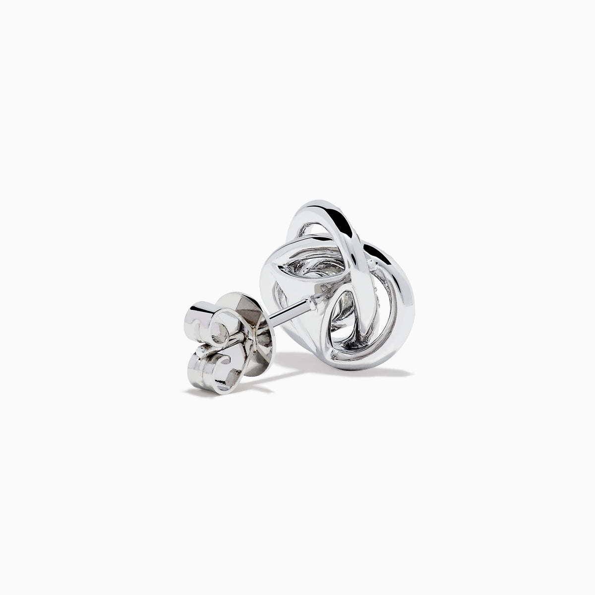 The 18K White Gold Diamond Love Knot Stud Earrings feature interlocking loops with sparkling diamonds and a central pear-shaped diamond, all set in elegant white gold against a plain white background.