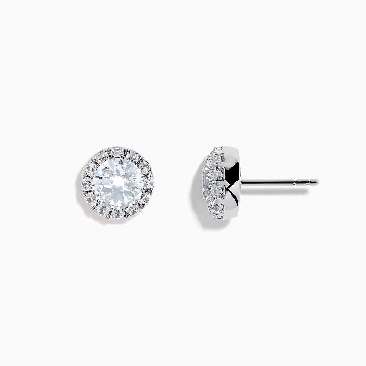 A pair of 14K White Gold Lab Grown Diamond Earrings with a central round diamond and a halo of smaller lab grown diamonds, set against a white background.