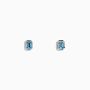 Lab Grown Blue Diamond Emerald Cut Solitaire Stud Earrings in 14K White Gold, each showcasing a stunning lab grown blue diamond in a classic, minimalist setting and presented on a plain white background.