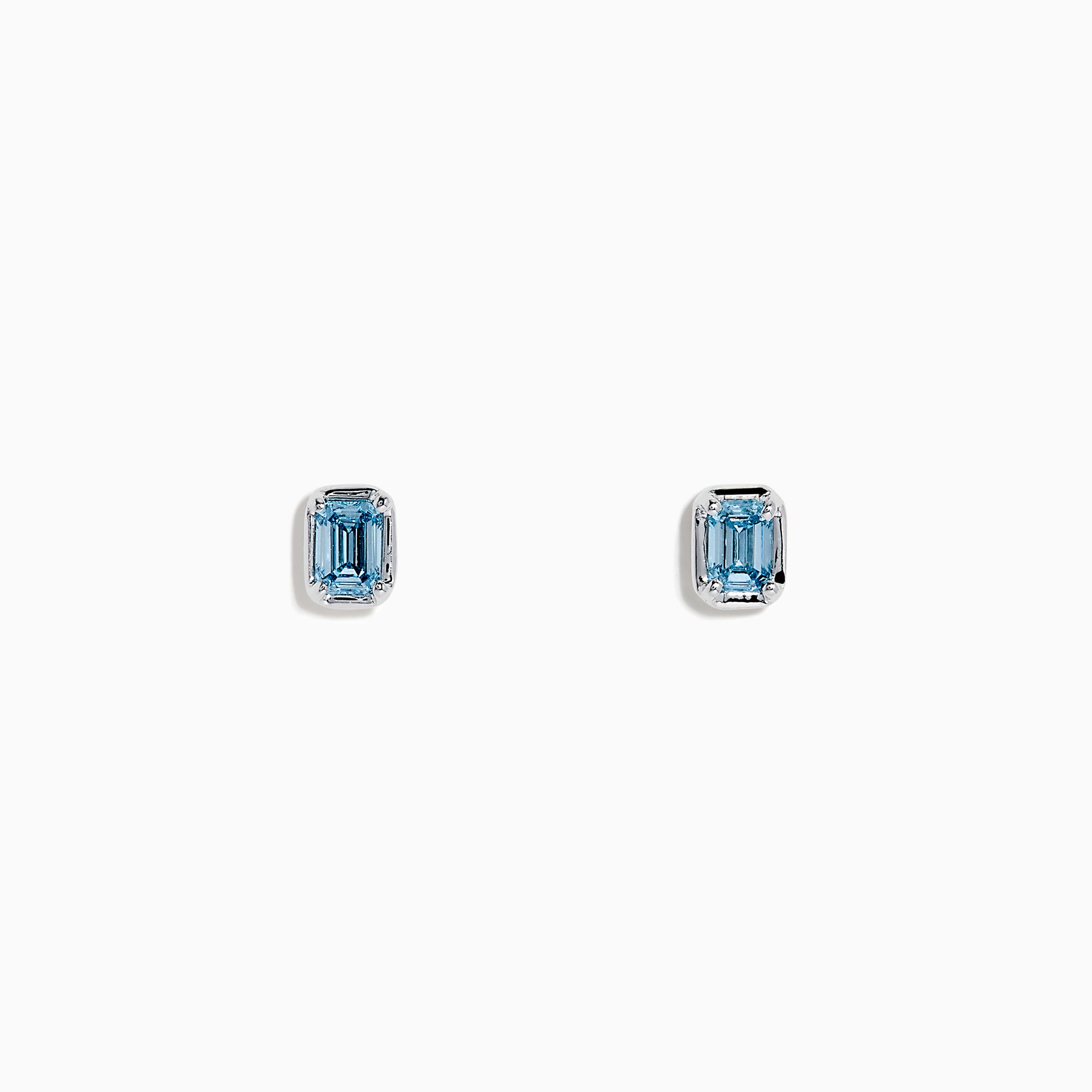 Lab Grown Blue Diamond Emerald Cut Solitaire Stud Earrings in 14K White Gold, each showcasing a stunning lab grown blue diamond in a classic, minimalist setting and presented on a plain white background.