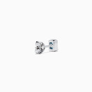 Lab Grown Blue Diamond Emerald Cut Solitaire Stud Earrings in 14K White Gold, each showcasing a stunning lab grown blue diamond in a classic, minimalist setting and presented on a plain white background.