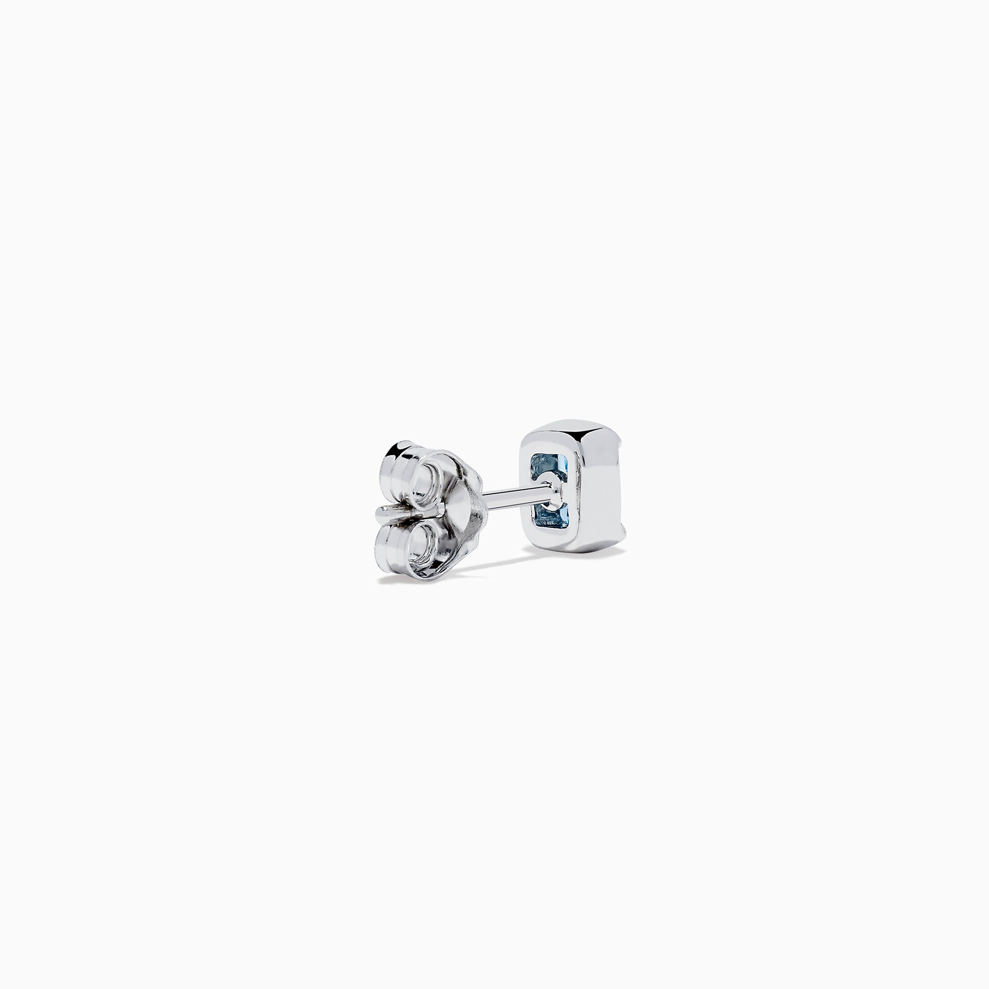 Lab Grown Blue Diamond Emerald Cut Solitaire Stud Earrings in 14K White Gold, each showcasing a stunning lab grown blue diamond in a classic, minimalist setting and presented on a plain white background.