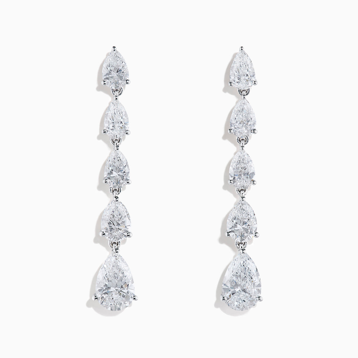 Lab Grown Pear Diamond 2.45ct Linear Drop Earrings in 14K White Gold, each with five vertically set pear-shaped diamonds, showcased on a plain white background.