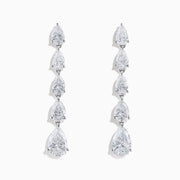 Lab Grown Pear Diamond 2.45ct Linear Drop Earrings in 14K White Gold, each with five vertically set pear-shaped diamonds, showcased on a plain white background.