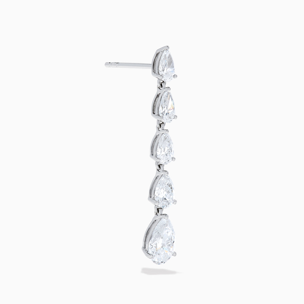 Lab Grown Pear Diamond 2.45ct Linear Drop Earrings in 14K White Gold, each with five vertically set pear-shaped diamonds, showcased on a plain white background.