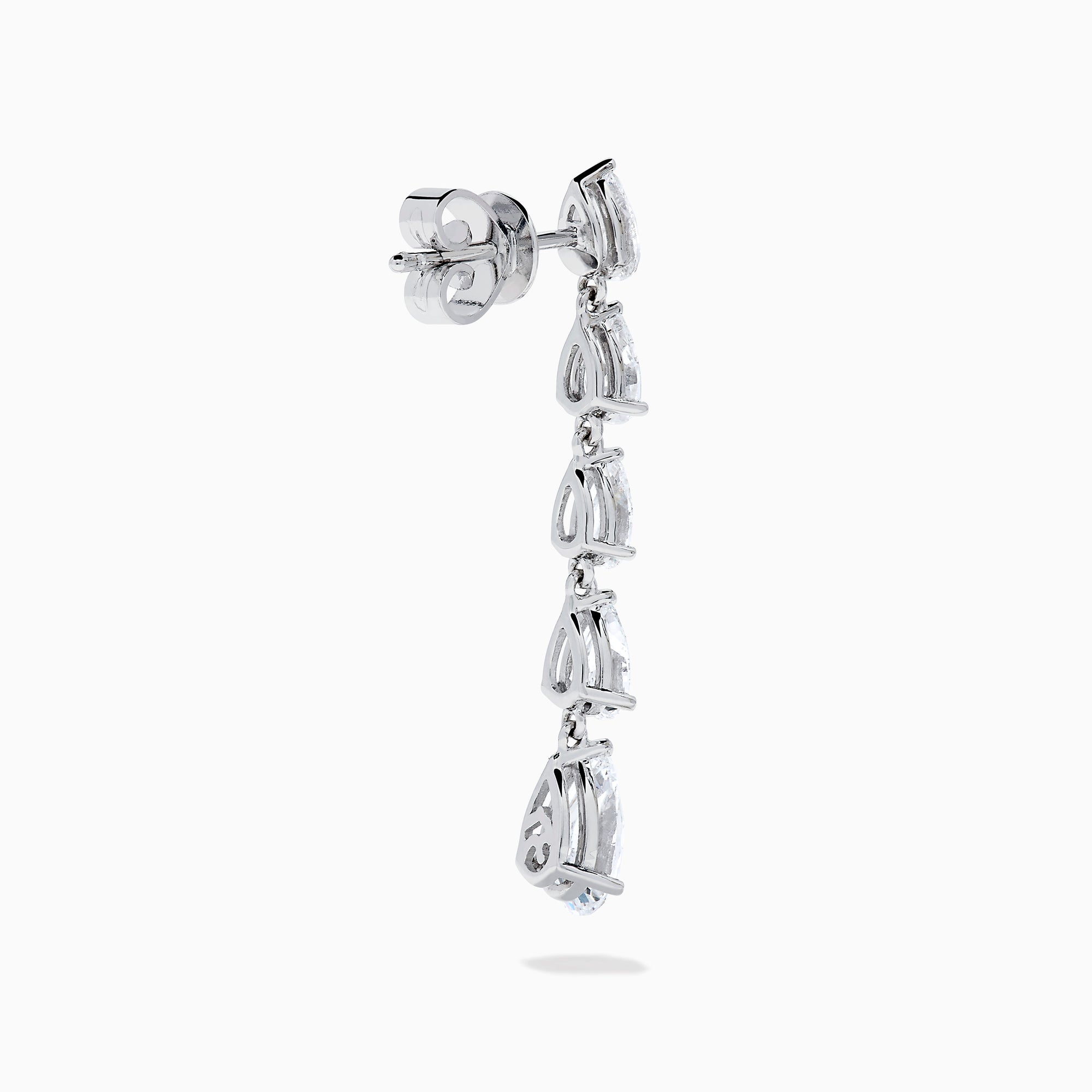 Lab Grown Pear Diamond 2.45ct Linear Drop Earrings in 14K White Gold, each with five vertically set pear-shaped diamonds, showcased on a plain white background.