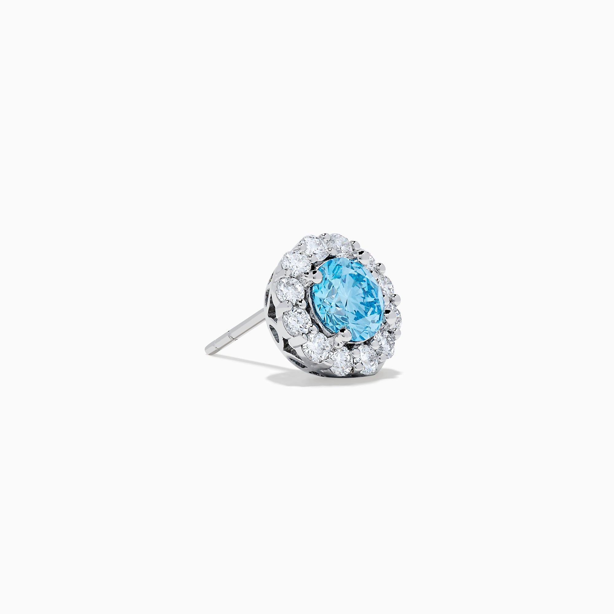 Lab Grown Blue Diamond Halo Stud Earrings in 14K White Gold feature round lab grown blue diamonds encircled by halos of white diamonds, set in a circular design on a white background.