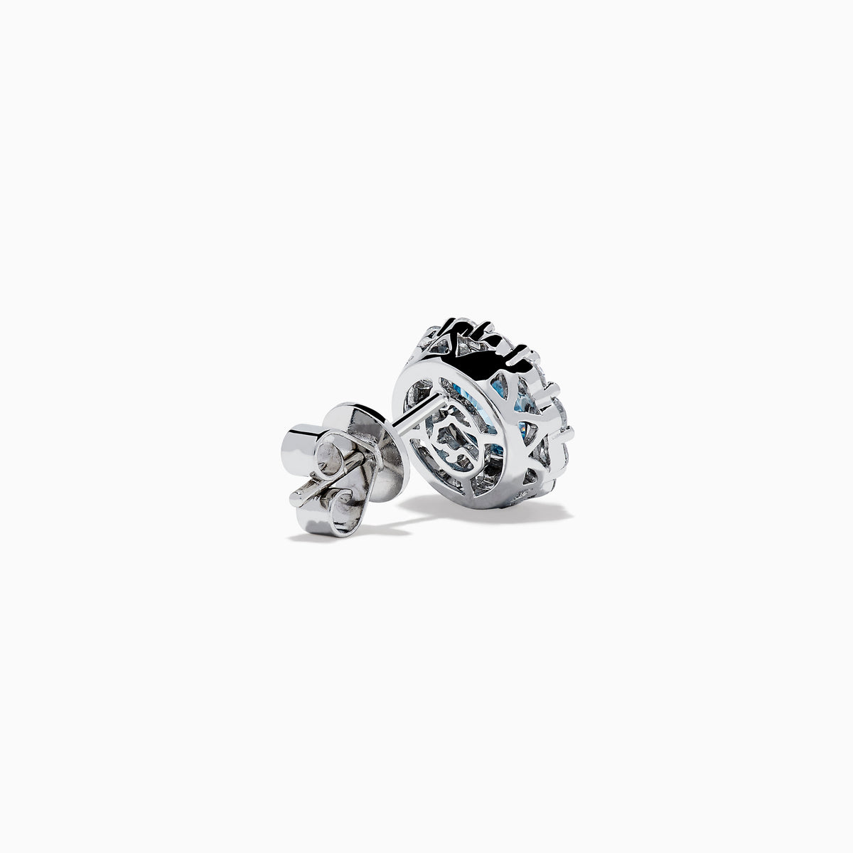 Lab Grown Blue Diamond Halo Stud Earrings in 14K White Gold feature round lab grown blue diamonds encircled by halos of white diamonds, set in a circular design on a white background.