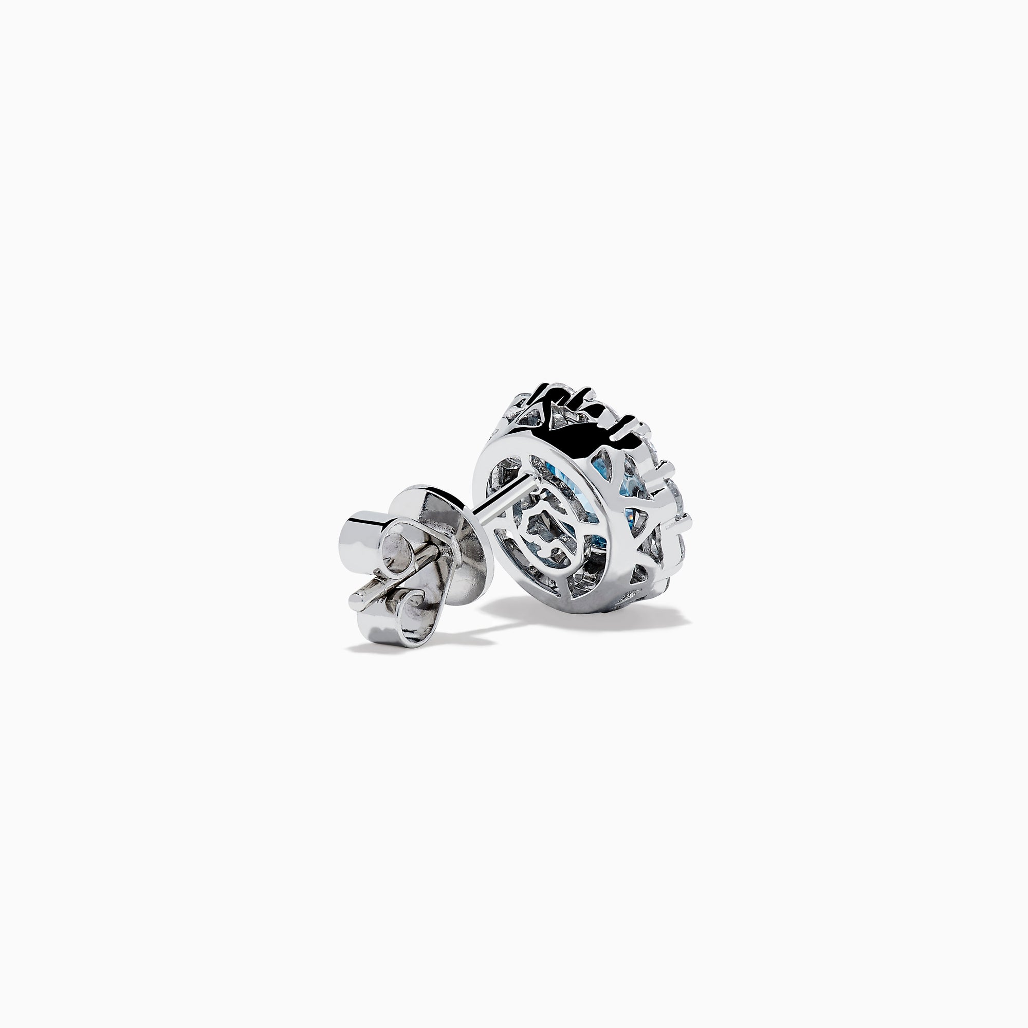 Lab Grown Blue Diamond Halo Stud Earrings in 14K White Gold feature round lab grown blue diamonds encircled by halos of white diamonds, set in a circular design on a white background.