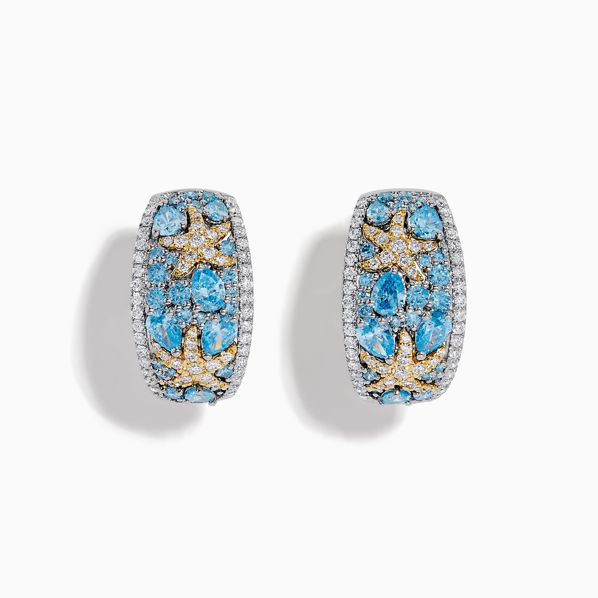 Lab Grown Blue Diamond Star Fish Hoop Earrings in 14K Two Tone Gold featuring stunning lab grown blue diamonds.