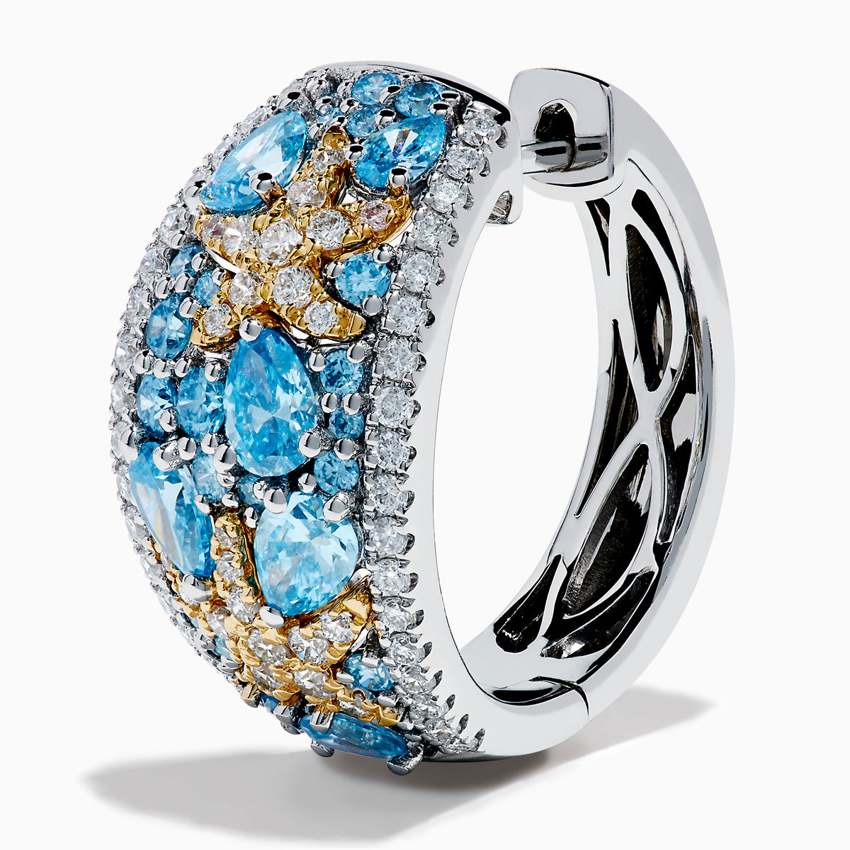 Lab Grown Blue Diamond Star Fish Hoop Earrings in 14K Two Tone Gold featuring stunning lab grown blue diamonds.