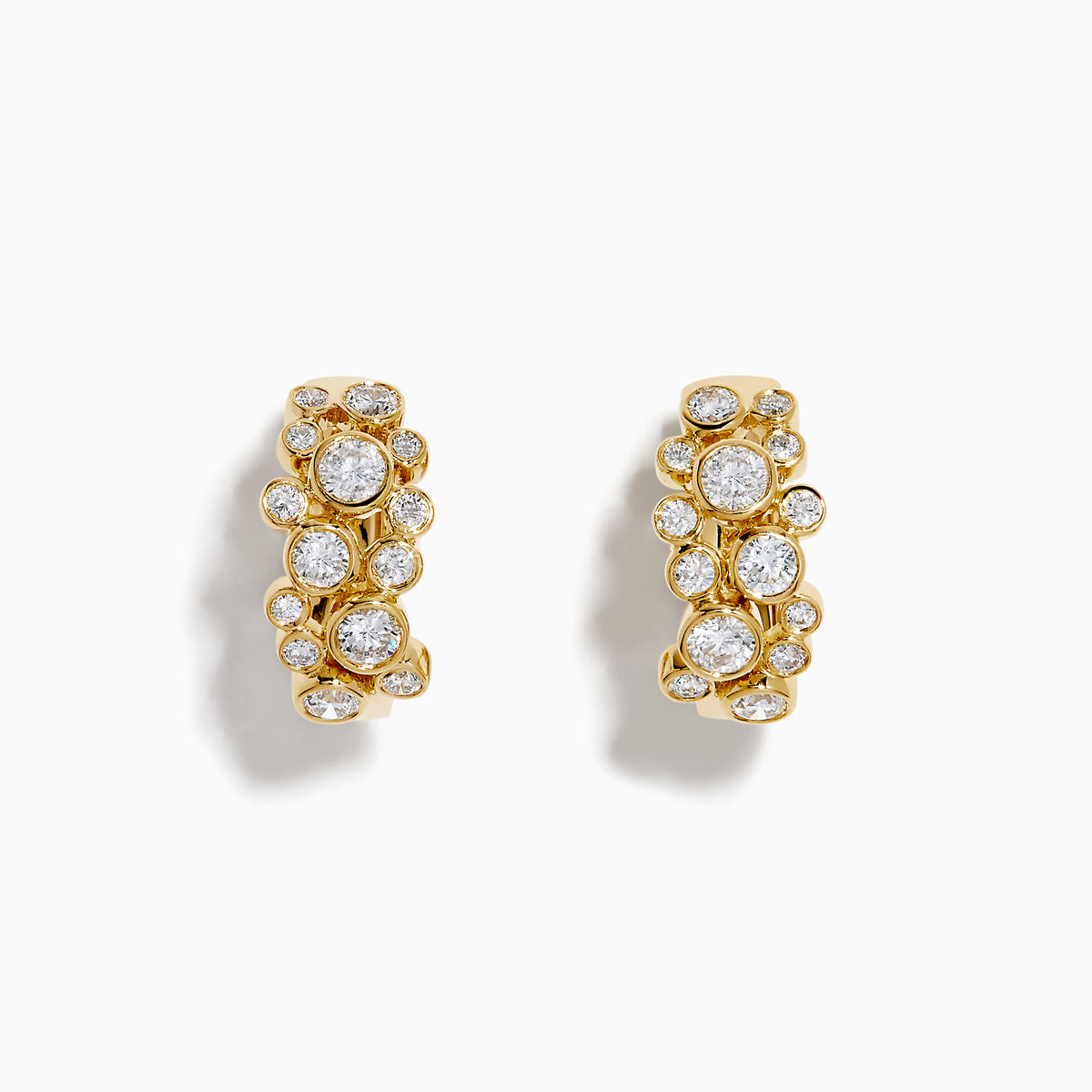Lab Grown Round Diamond 1.13ct Bubble Hoop Earrings in 14K Yellow Gold featuring multiple round diamonds in a clustered design, shown against a white background.