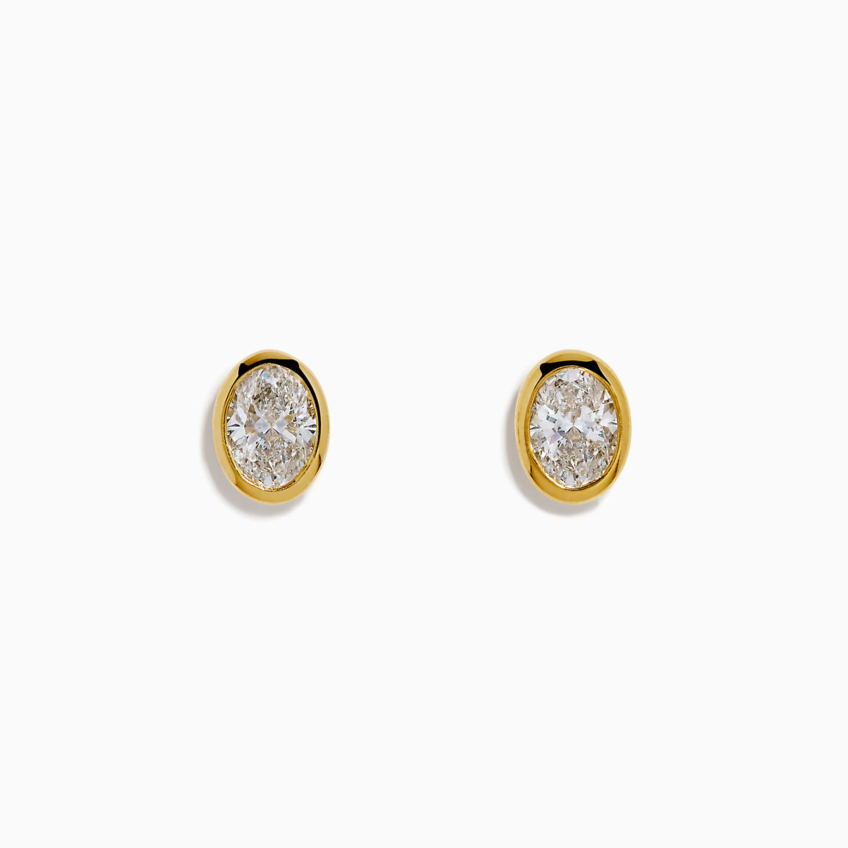 Lab Grown Oval Diamond 2.50ct Bezel Stud Earrings in 14K Yellow Gold, shown against a white background.
