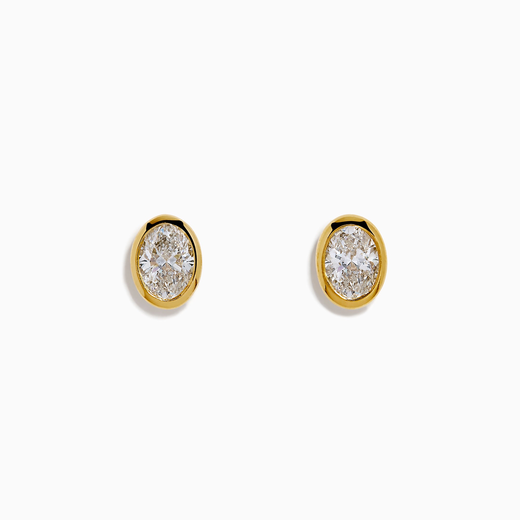 Lab Grown Oval Diamond 2.50ct Bezel Stud Earrings in 14K Yellow Gold, shown against a white background.