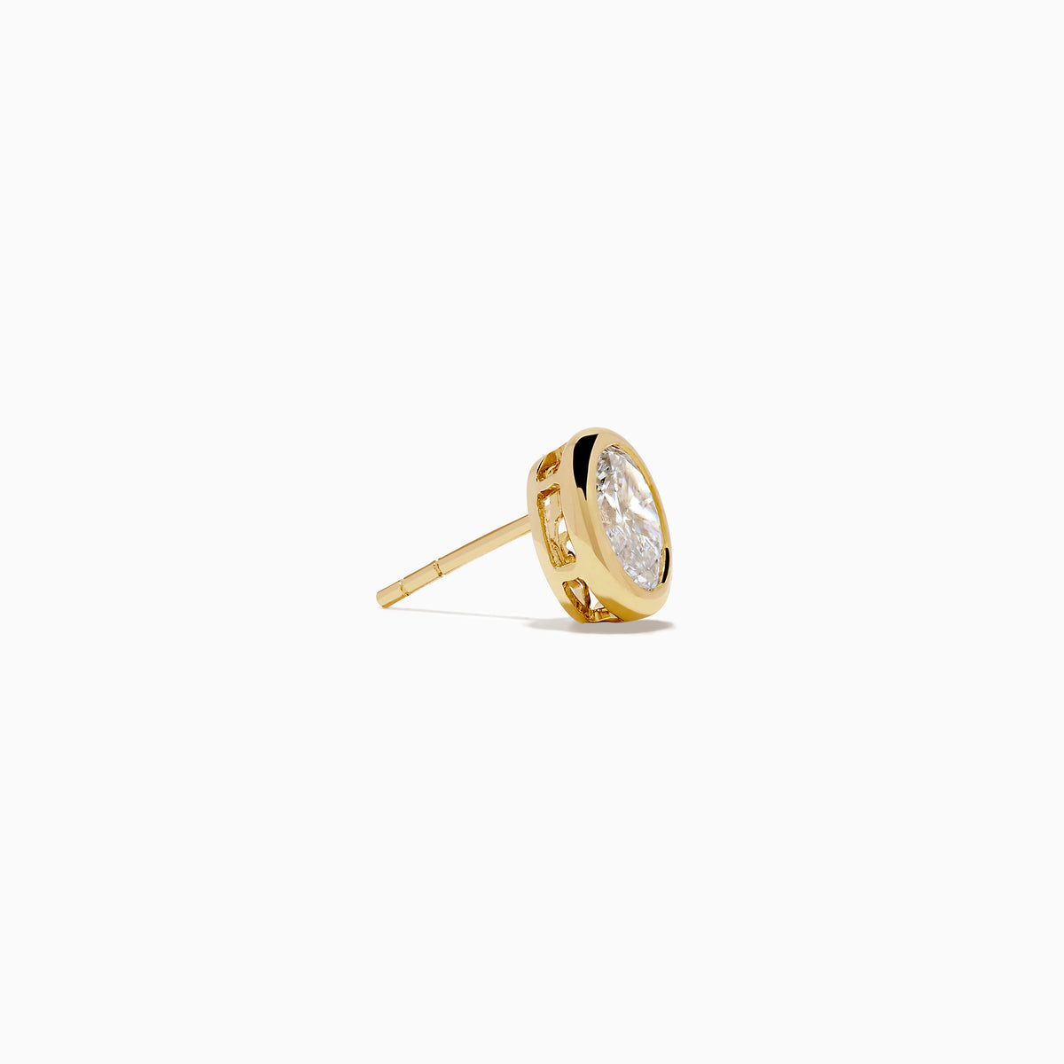 Lab Grown Oval Diamond 2.50ct Bezel Stud Earrings in 14K Yellow Gold, shown against a white background.
