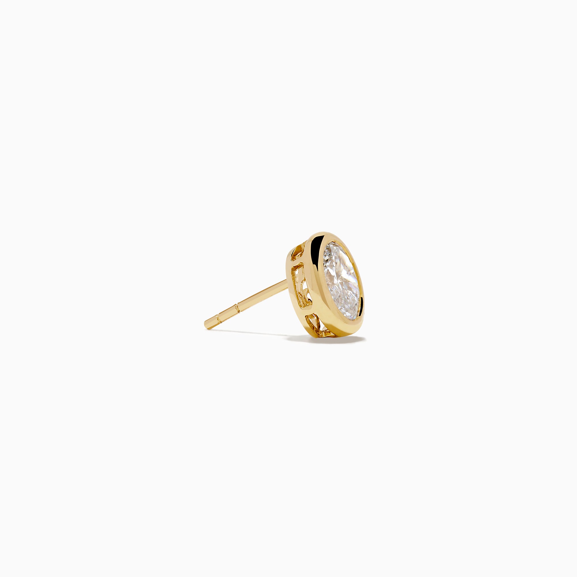 Lab Grown Oval Diamond 2.50ct Bezel Stud Earrings in 14K Yellow Gold, shown against a white background.