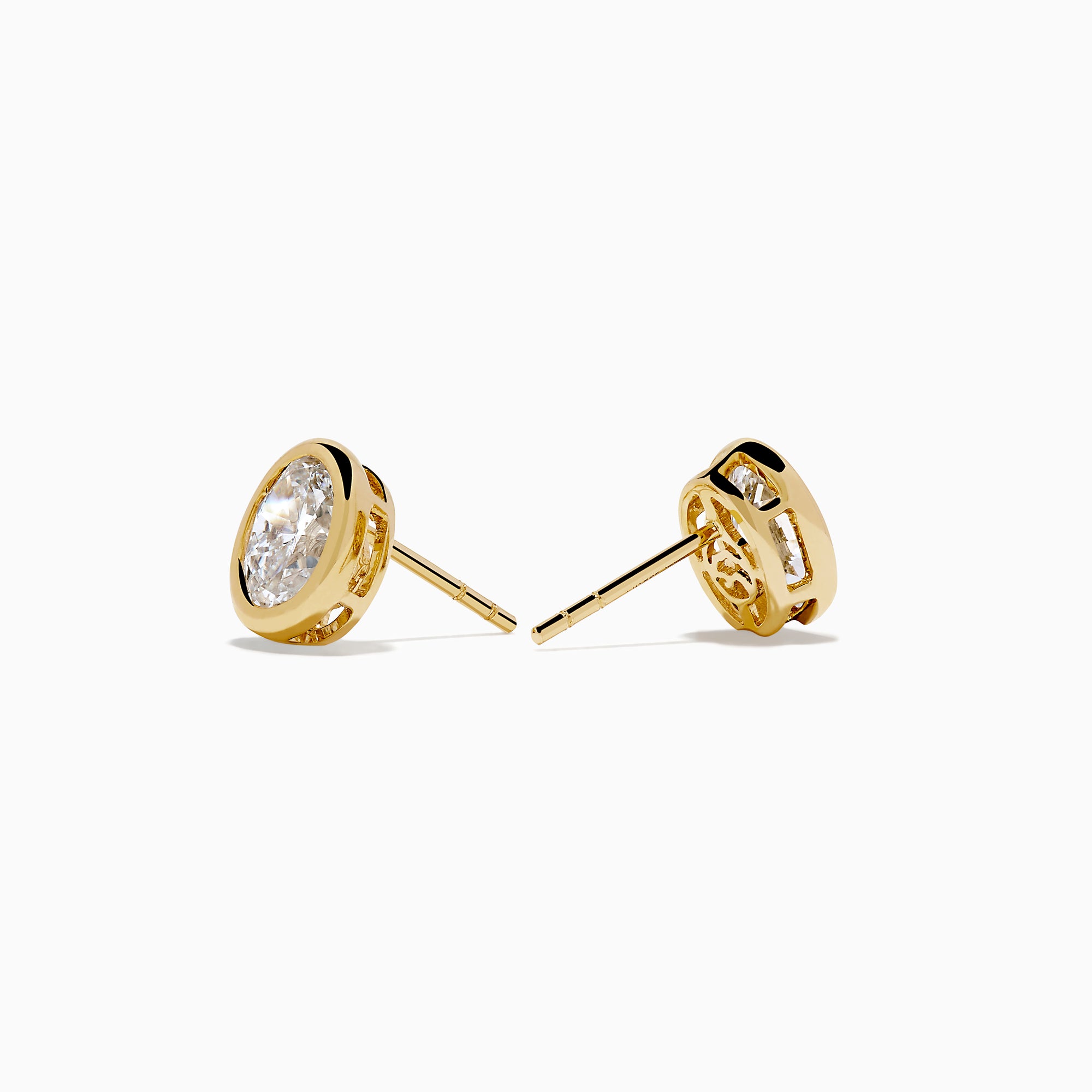 Lab Grown Oval Diamond 2.50ct Bezel Stud Earrings in 14K Yellow Gold, shown against a white background.