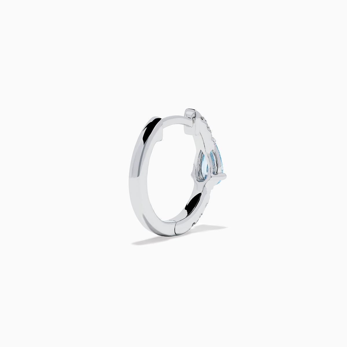 Lab Grown Blue and White Diamond Hoop Earrings in 14K White Gold, each with a teardrop-shaped blue gemstone and sparkling lab grown diamonds along the hoops, shown against a white background.