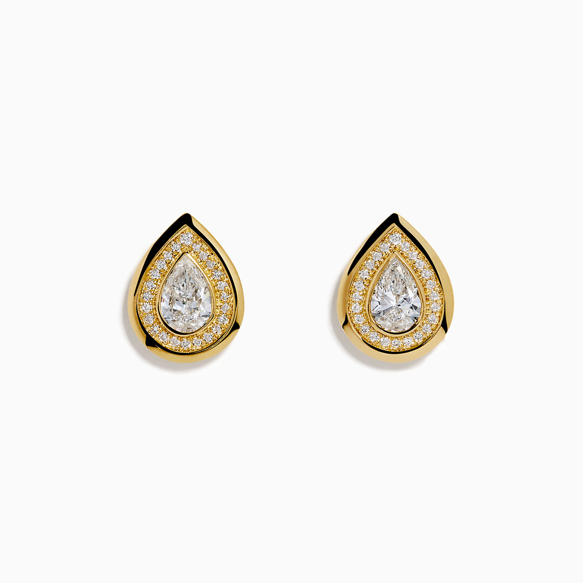 Lab Grown Pear Diamond 1.10ct Halo Stud Earrings in 14K Yellow Gold, featuring teardrop-shaped central pear diamonds surrounded by a halo of small round diamonds, displayed on a white background.